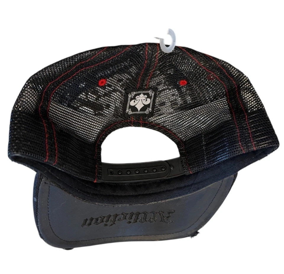 Gorra de camionero Affliction negra y roja asiática vikinga bordada ala de cuero nueva con etiquetas Foto 4 de 4