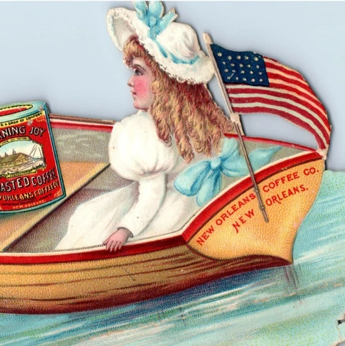 1880s-90s Die-Cut Morning Joy Coffee New Orleans Sailboat U.S. Flag 3Q