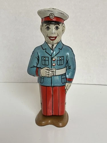 Vintage Chein Tin Wind-up Military Man Toy in Patriotic Uniform, Built-In Key