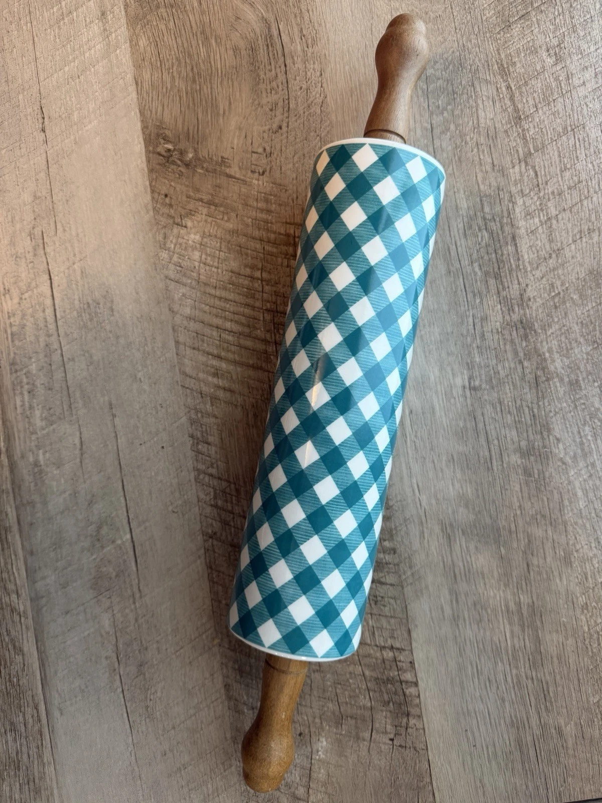 Pioneer Woman Gingham Checkered Teal Ceramic Rolling Pin