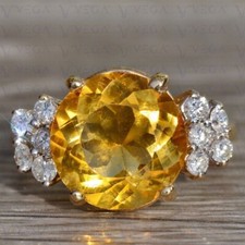 6.60ct Round Shape Natural Citrine Gemstones Diamond Ring 18K Yellow Gold Plated
