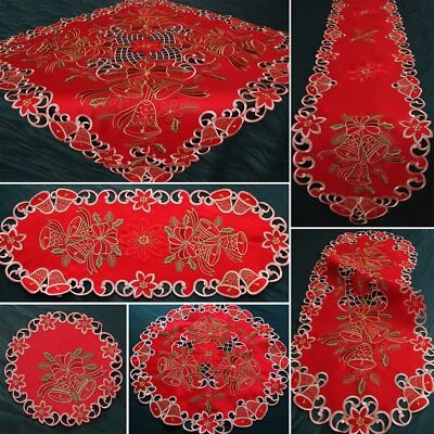 Weihnachten Tischläufer Tischdecke Tischdeckchen Rot Gold Glocken Stickerei NEU - Bild 1 von 4