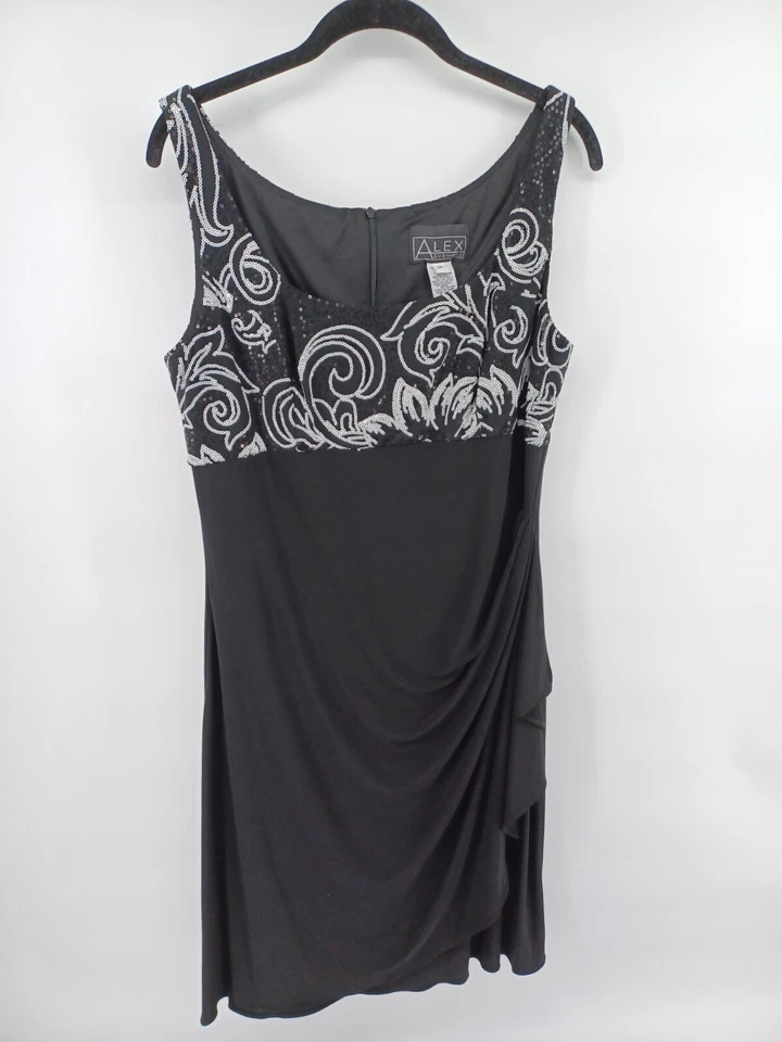 ALEX EVENINGS Midi 婚礼礼服女式 14 黑色/白色亮片花卉鸡尾酒 — 第 3/4 张图片