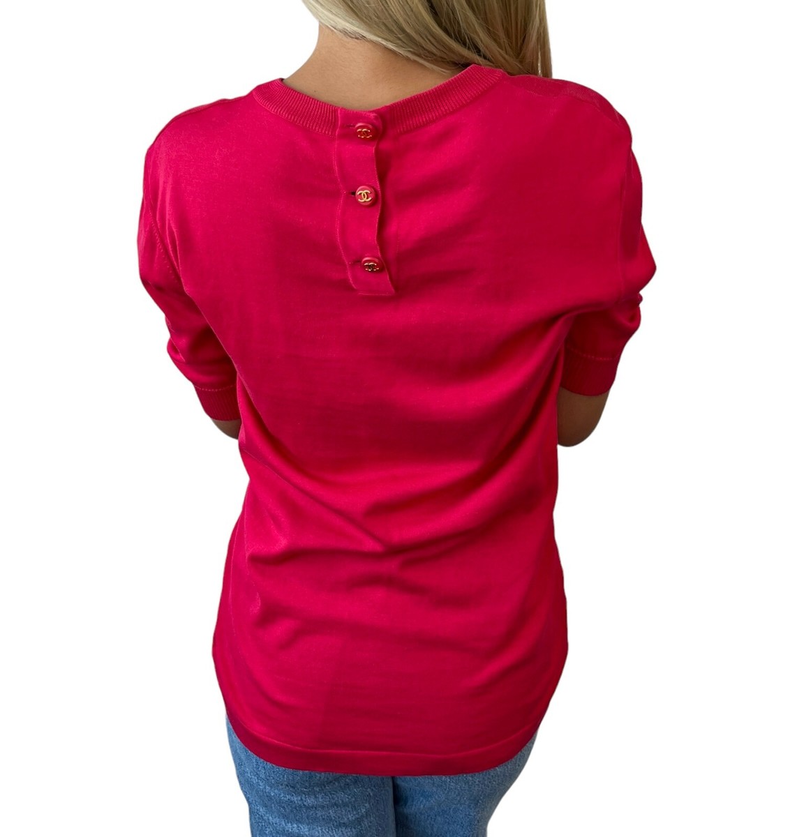 CHANEL Vintage CC Logo Button Knit Top #40 Short Sleeve Pink