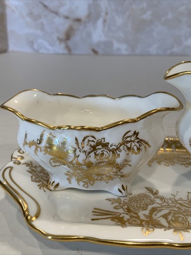 HAMMERSLEY England 4952 gold floral small creamer sugar bowl and tray set - Picture 2 of 7