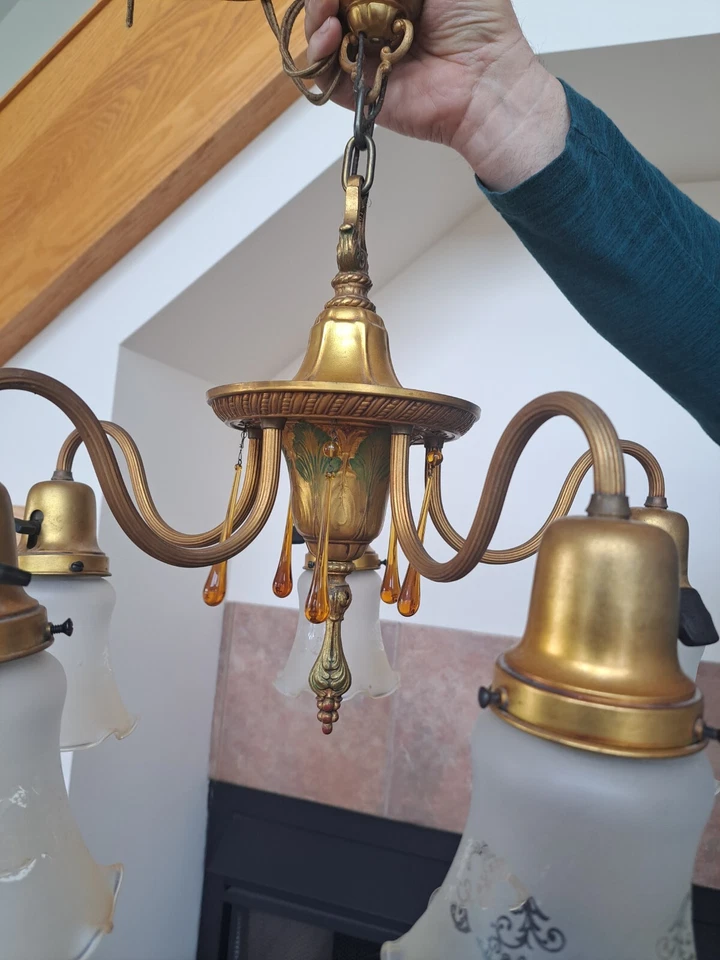 Pendent Vintage Bryant 5 Arm Antique Chandelier Light Fixture Etched Globes - Image 4 of 4