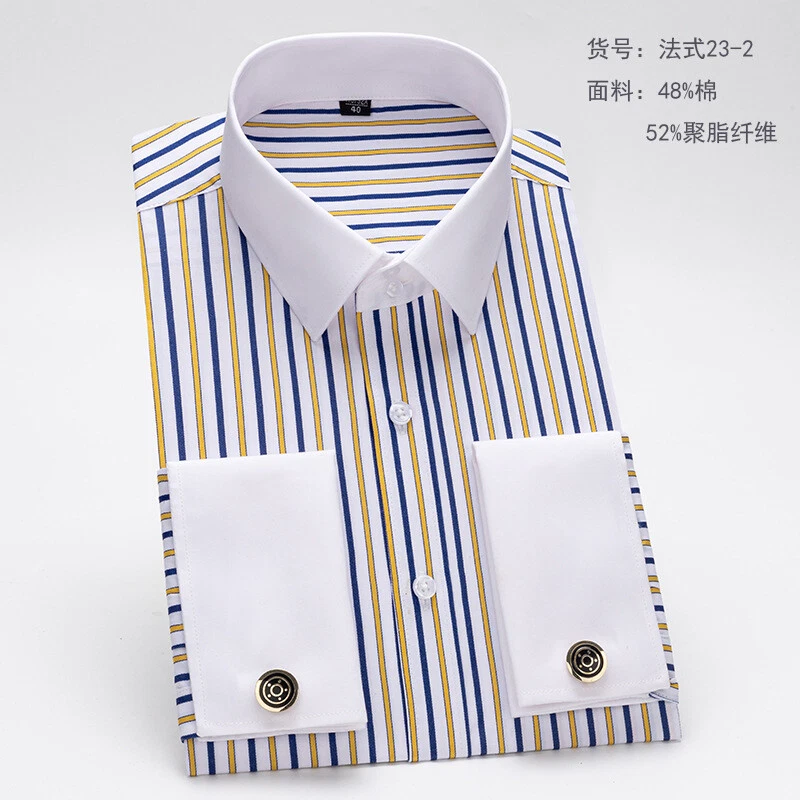 Camisas de vestir de puño francés para hombre formales negocios manga larga camisas con botones top Foto 2 de 4