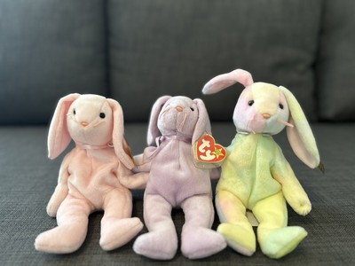 Ty Beanie Baby Hippie, Hoppity And Floppity Bunny Set. RARE/ RETIRED/ TAG ERRORS