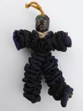 Vintage Primitive Folk Art Cloth Black Doll with Wood Head