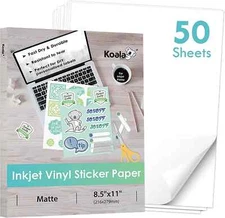Koala Vinyl Sticker Paper Waterproof Matte White 50 Ct 8.5x11 for Inkjet Laser