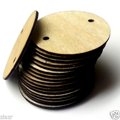 -(100) THIN 1'' x1/32'' Wooden Circle 2-HOLE 2mm Craft Disc Hard Shape Wafer