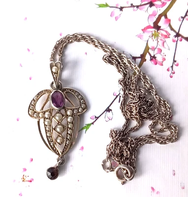 DELICATE, PRETTY ANTIQUE SEED PEARL & AMETHYST 935 STERLING SILVER  NECKLACE - Image 1 of 4