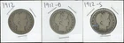 (3) Coins - 90% Silver Barber Half Dollars 1912-P, D + S