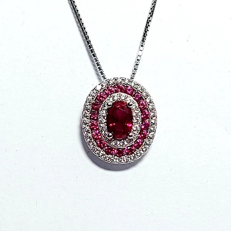Collana Argento 925 Donna Ciondolo Gioiello Pendente Pietra Rosso Rubino Zirconi - Immagine 2 di 4