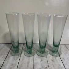Set of 4 Hand Blown Recycled Glass 14 oz Green Pilsner Glasses - 9 1/2" Tall
