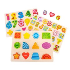 Wooden Alphabet Number Shape Learning Puzzles for Toddlers 3 in 1 Abc Letter