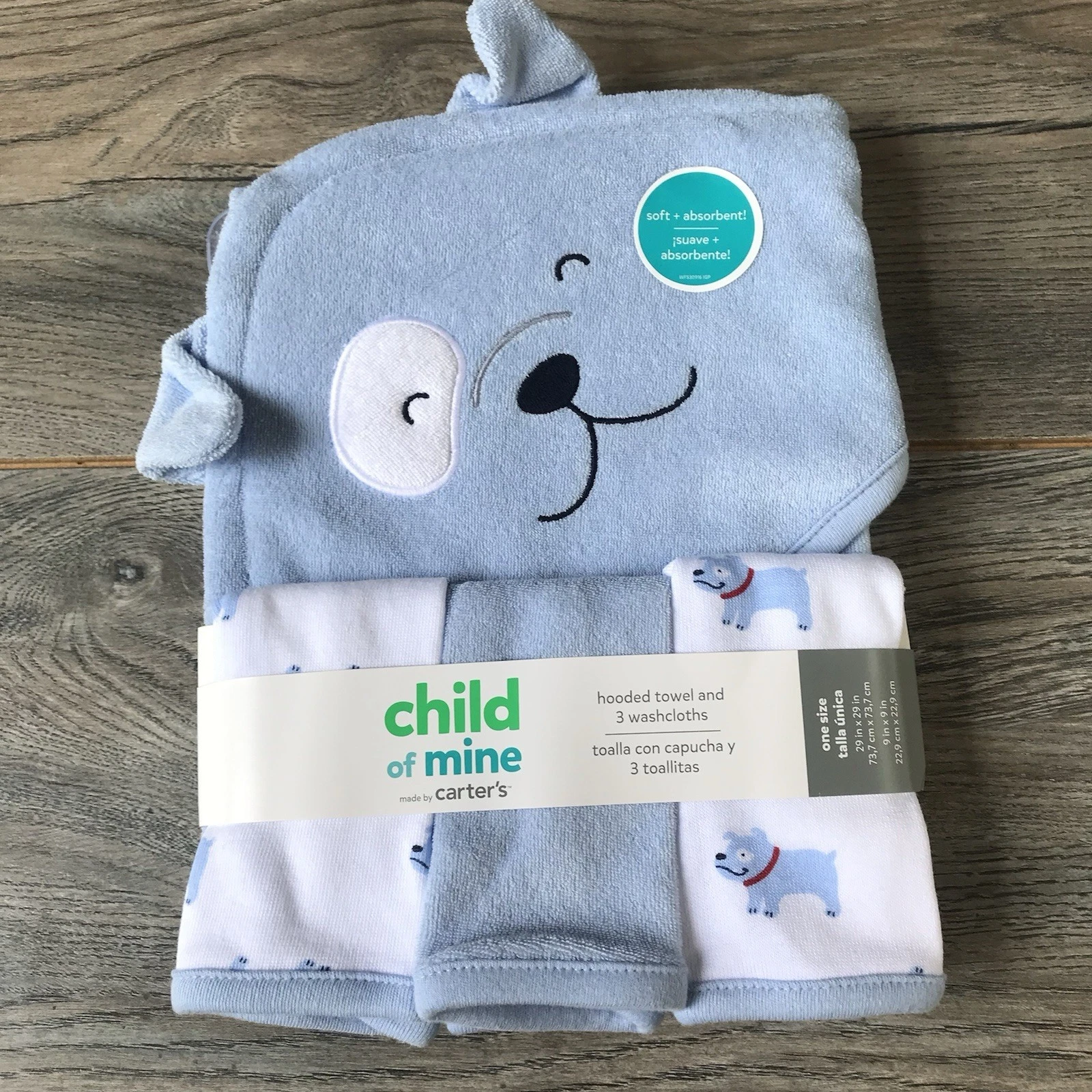 Carter’s Blue Puppy Dog Hooded Bath Towel Set With 3 Washcloths NEW! Gift
