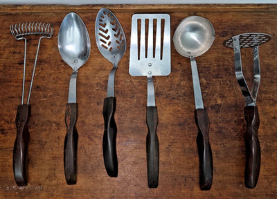 6 CUTCO Kitchen Utensils with Brown Swirl Grips