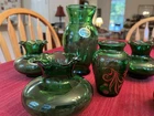 6 LOT Anchor Hocking Vases Small Vintage Emerald Green & Gold Leaves MCM Glass