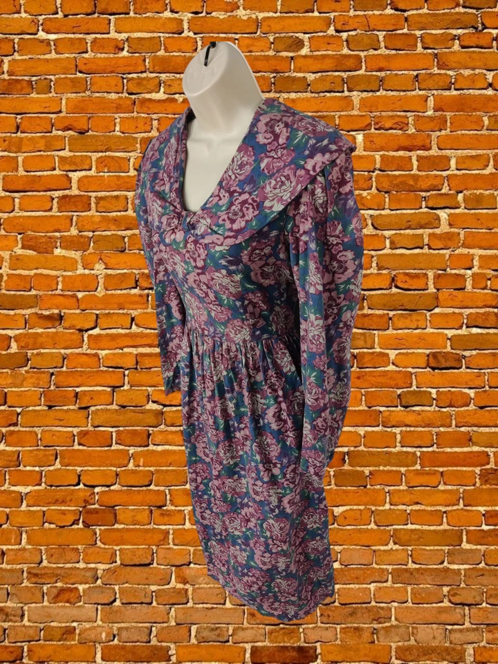 VINTAGE LAURA ASHLEY DRESS SIZE UK 12 WOOL COTTON FLORAL V NECK IRELAND - Image 2 of 4