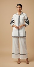 Women Cotton Coord Set Embroidered Top  Pants 2 Piece Outfit Casual Summer