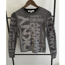 DKNY Gray/Black Knit Crew Neck Pullover Sweater Long Sleeve Size S, Graphic,