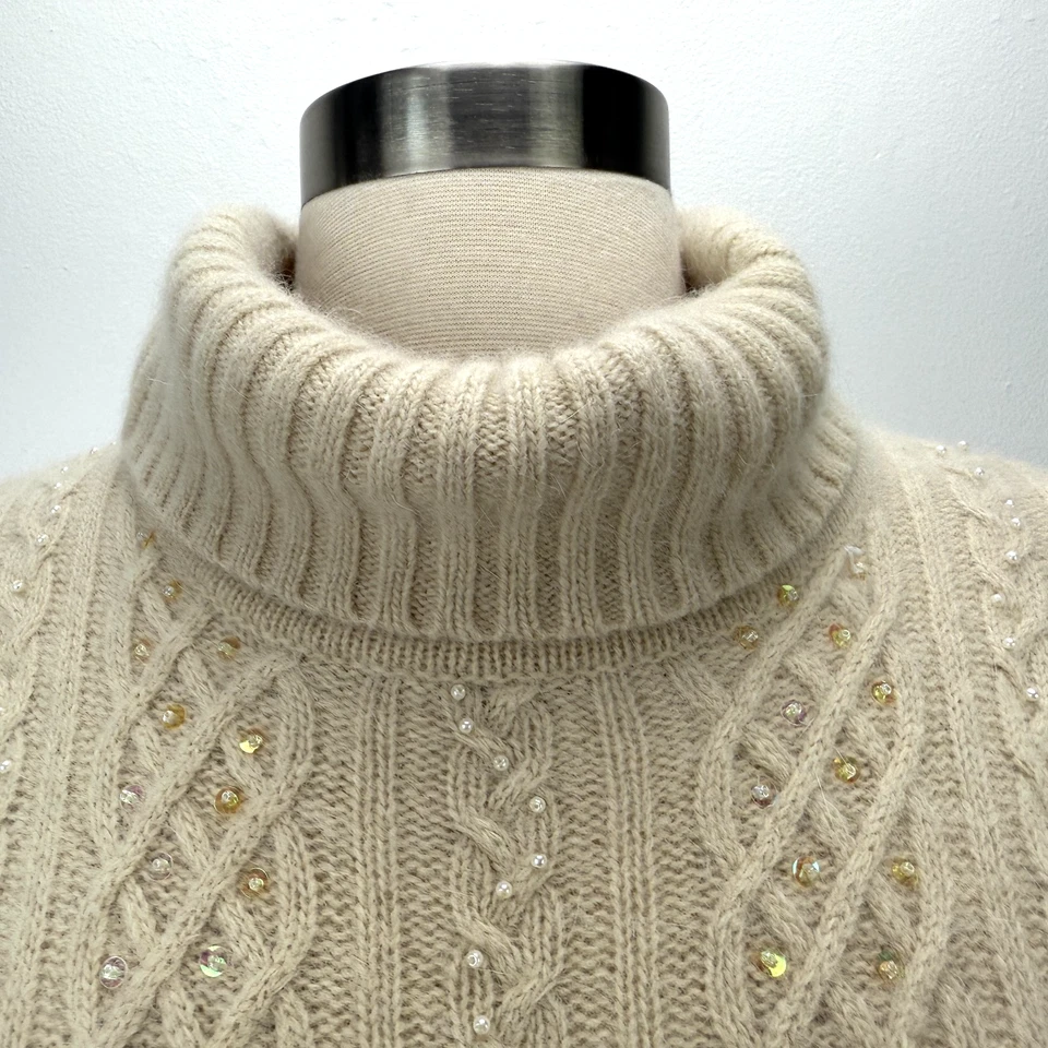 Suéter Sutton Studio Cuentas Lana de Cordero Angora Cuello Alto Talla S Cable Tejido Hada Foto 4 de 4