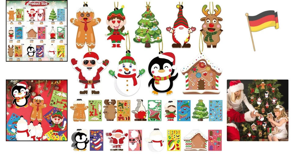 Kinder Weihnachts Bastelset 18 Dekoration Karten 9 Aufkleber bunt - Bild 2 von 4