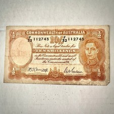 Vintage George VI Australia Banknote Ten Shillings Armitage McFarlane 1942 Money