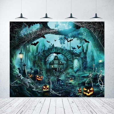 Halloween Backdrop 10x8ft, Horrible Graveyard, Castle, Bats, Cemetery, Photo