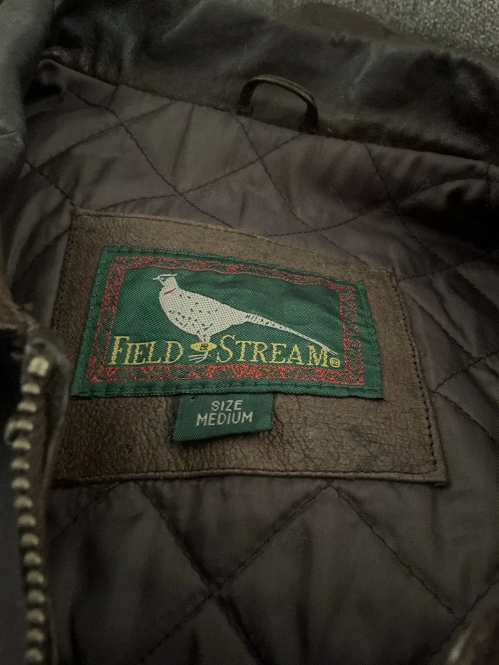 Vintage Field & Stream Mens Sz M Leather Brown Bomber Quilted Lined Zip Jacket - Image 3 of 4