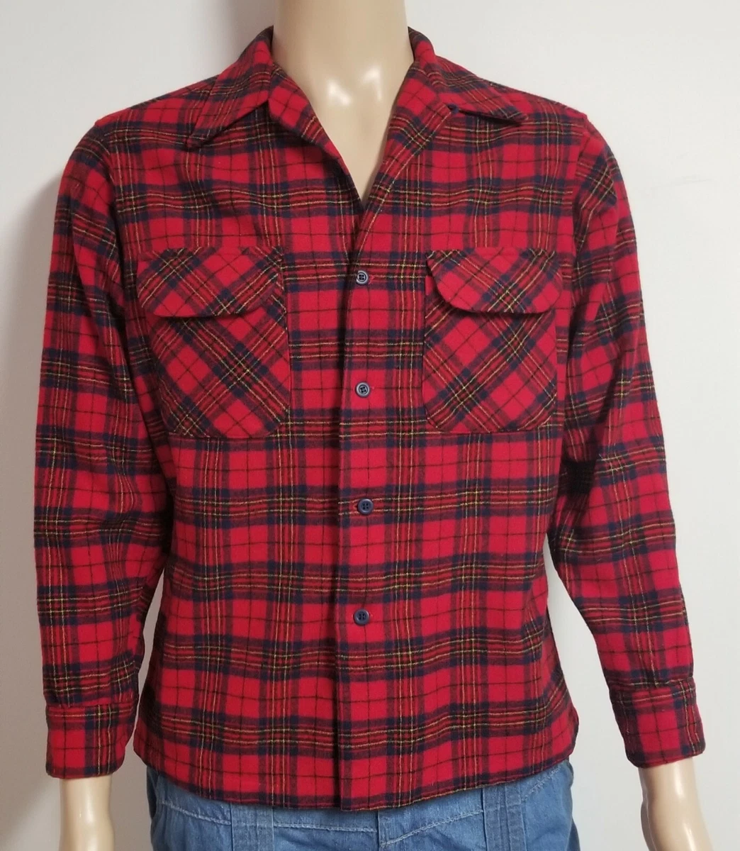 Vtg 50s 60s Pendleton Loop Collar 100% Wool Board Shirt Multi Color Plaid Mens M