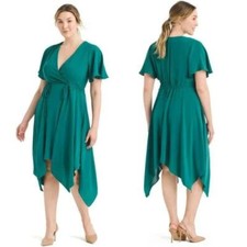 New!  Adrianna Papell Drawstring Lettuce Hem Green Flutter Sleeve Dress, 14W