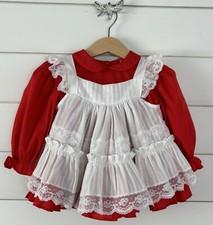 vintage BRYAN Sz 12m Dress Set 2 pc Red White Lace Pinafore Overlay