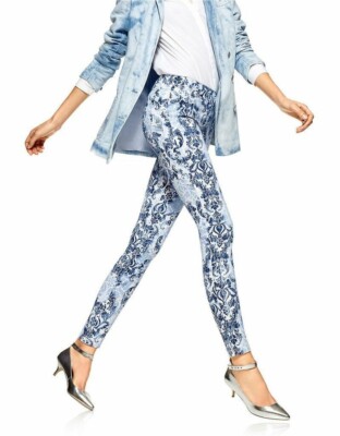 Hue Womens Scroll Print Super Smooth Denim Jean Legging Blue & White Stretch New