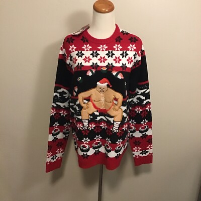 NEW Blizzard Bay Ugly Christmas Sweater Sushi Sumo Wrestler Mens Size Medium NWT