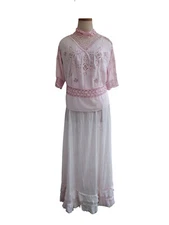 Antique Edwardian Victorian Pink Floral Bouquet Lace Prairie Maxi Dress Size S