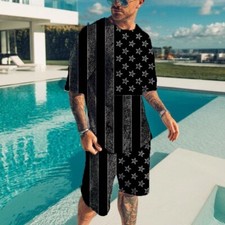 2-Piece Men T Shirts  Shorts Suits Set Summer Outfit Sweatshirt Sleeve Printing