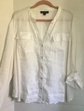INC International Concepts Top 2X White Linen Adjustable Sleeve V Neck Button Up