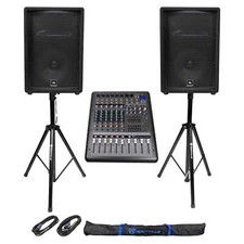 (2) JBL Pro JRX212 12" 2000w PA/DJ Speakers+Powered 8-Channel Mixer w/USB+Stands