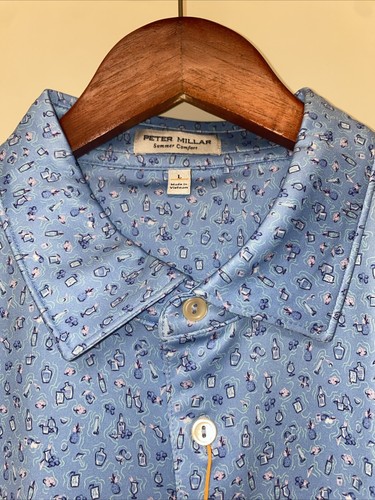 New Peter Millar Summer Comfort Large Golf Performance Blue Polo Shirt L Drinks - Picture 5 of 16