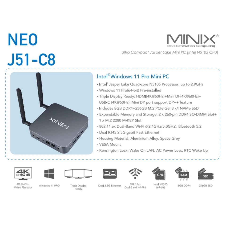 MINIX J51-C8 Intel N5105 Office Gaming Mini PC RAM 8GB Official Genuine Windows - Image 2 of 4