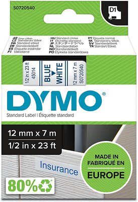 DYMO D1 Etikettenband Authentisch blau auf weiß 12mm x 7m selbstklebend Etikette