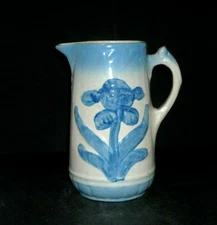 Early Blue & White Stoneware Embossed Tulip Pitcher Brush-McCoy Pottery Ohio OH