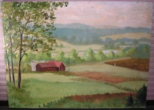 Vintage Hudson Valley Folk Art Primitive Farm Mountain Landscape Oil Painting