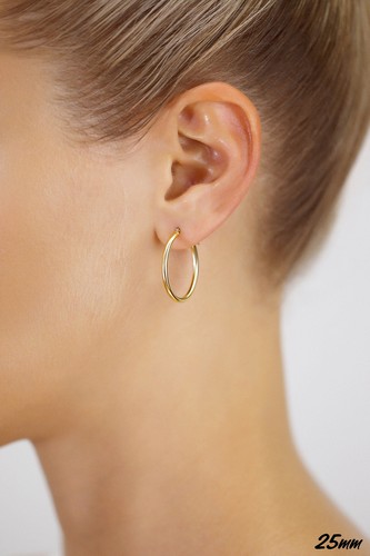 14K Real Solid Gold Shiny Polished Round Hoop Earrings 2.5mm Tube Hoops All Size - Picture 15 of 17