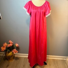 Vintage Hot Pink Nightgown Especially You Short Sleeve w/ Lace Slip Dress