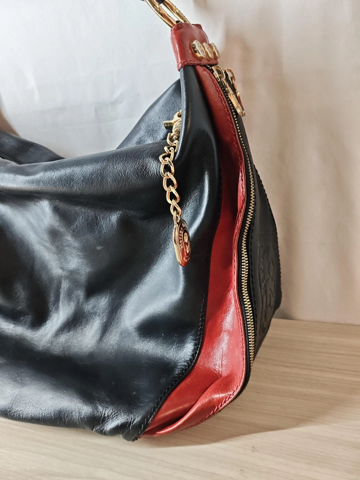 Bolso de Hombro Hobo de Cuero Marino Orlandi Negro Rojo Dorado Herrajes Hecho en Italia Foto 2 de 4