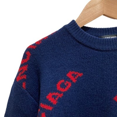 BALENCIAGA Logo Jacquard Knit Sweater, Size Small, Navy Unisex