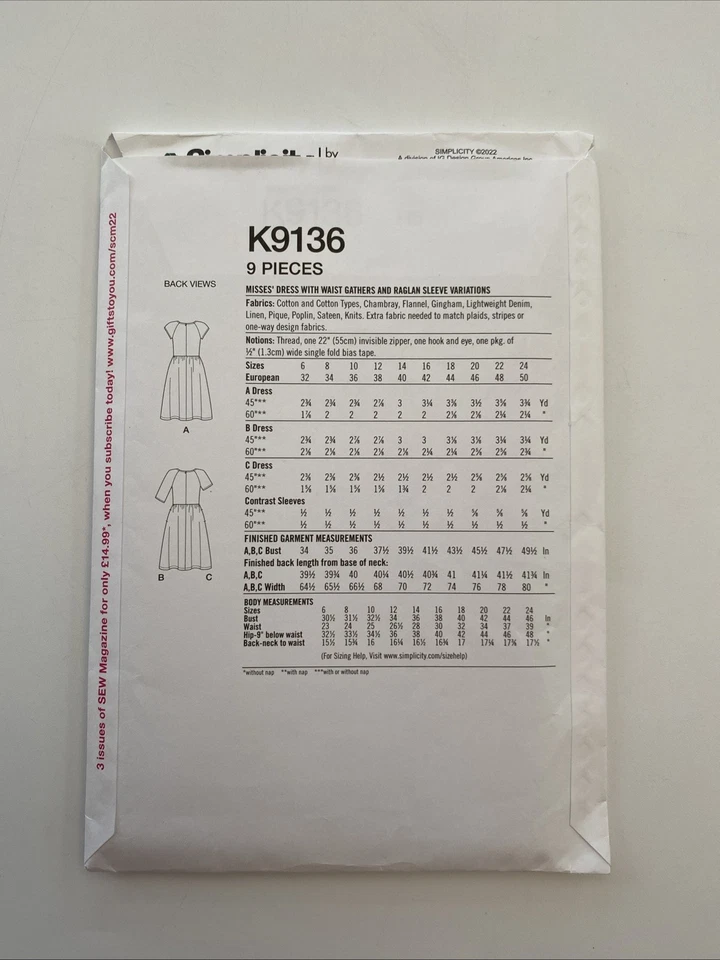 Simplicity K9136 Misses Dress with Raglan Sleeve Variations Womens Uncut Pattern - Image 4 of 4